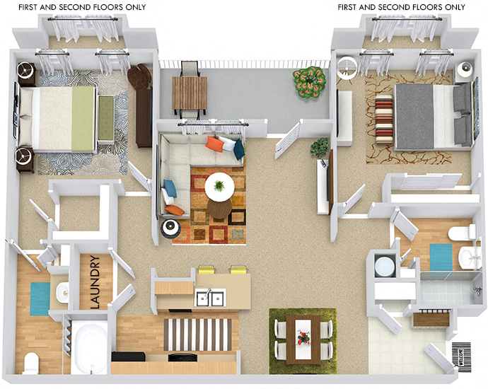 Floor plan for 2 beds, 2 baths, 1040 sqft